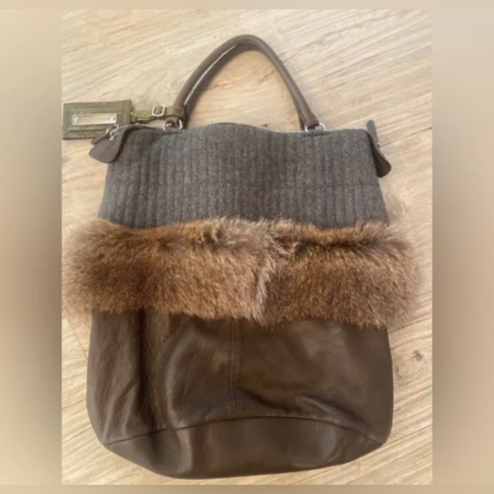 Brunello Cucinelli Lamb Leather Cashmere Fox Hand Bag